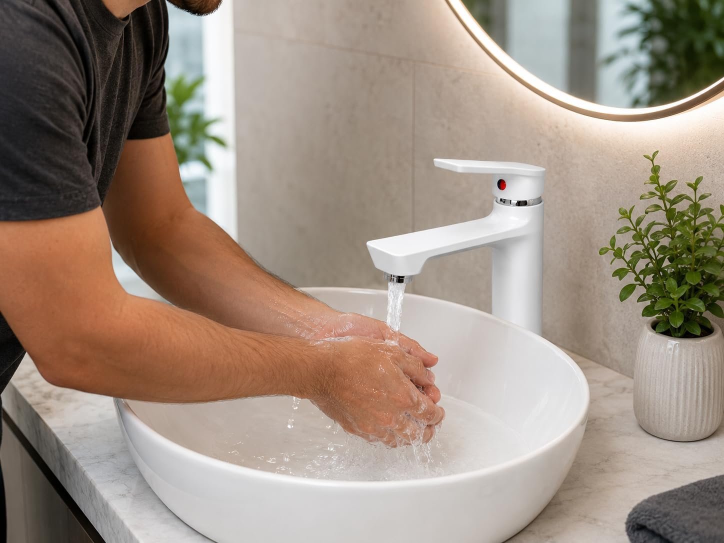 Biella White Bathroom Basin Mixer Tap Single Lever Hot and Cold Wash Basin Faucet Brass Vanity Sink Mixer with Glossy White Finish - Image 5