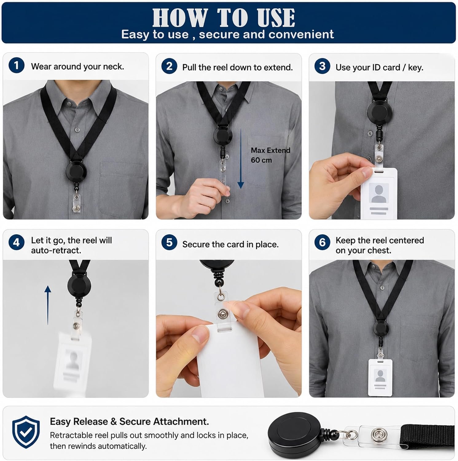 Biella Retractable Badge Reel Lanyard with Breakaway Safety Buckle | Heavy-Duty Nylon Neck Strap | 60 cm Extendable Reel | ID Card and Key Holder Attachment | Without Tag Holder - Image 4