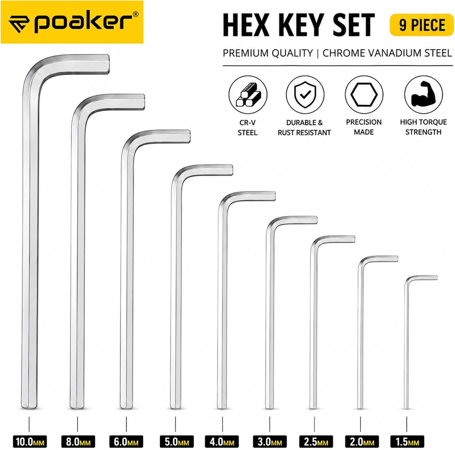 Poaker 9-Piece Allen Wrench Set, Metric Hex Key Set (1.5mm–10mm), Chrome Vanadium Steel (CR-V), L-Shaped Hex Allen Keys, Rust Resistant, High Torque Hand Tool Set for Bicycle, Furniture and Automotive - Image 4