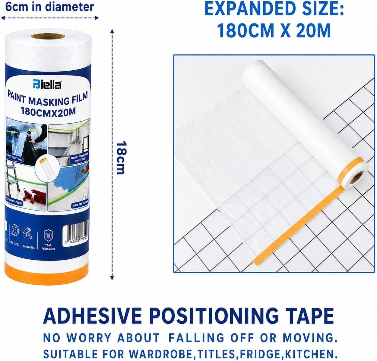 Biella Paint Masking Film 180CM x 20M Pre-Taped Protective Plastic Film with Adhesive Masking Tape for Painting Wall Furniture Floor and Window Protection - Image 3