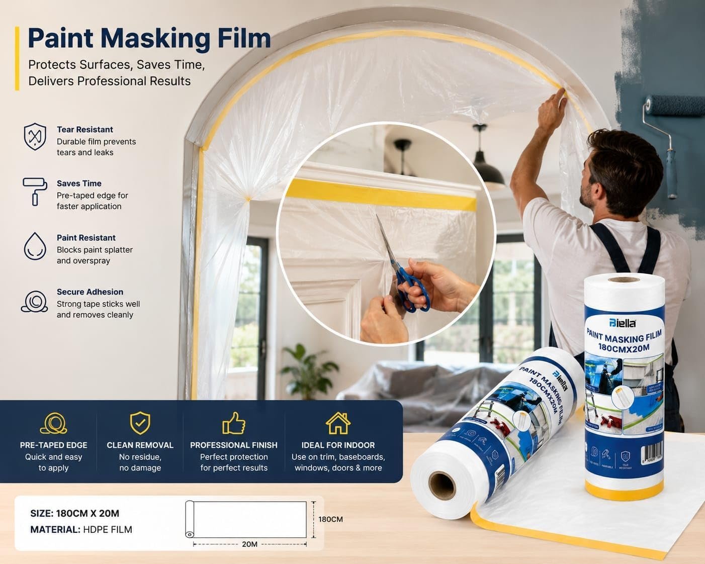Biella Paint Masking Film 180CM x 20M Pre-Taped Protective Plastic Film with Adhesive Masking Tape for Painting Wall Furniture Floor and Window Protection - Image 4