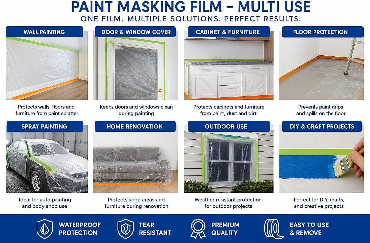 Biella Paint Masking Film 180CM x 20M Pre-Taped Protective Plastic Film with Adhesive Masking Tape for Painting Wall Furniture Floor and Window Protection - Image 5