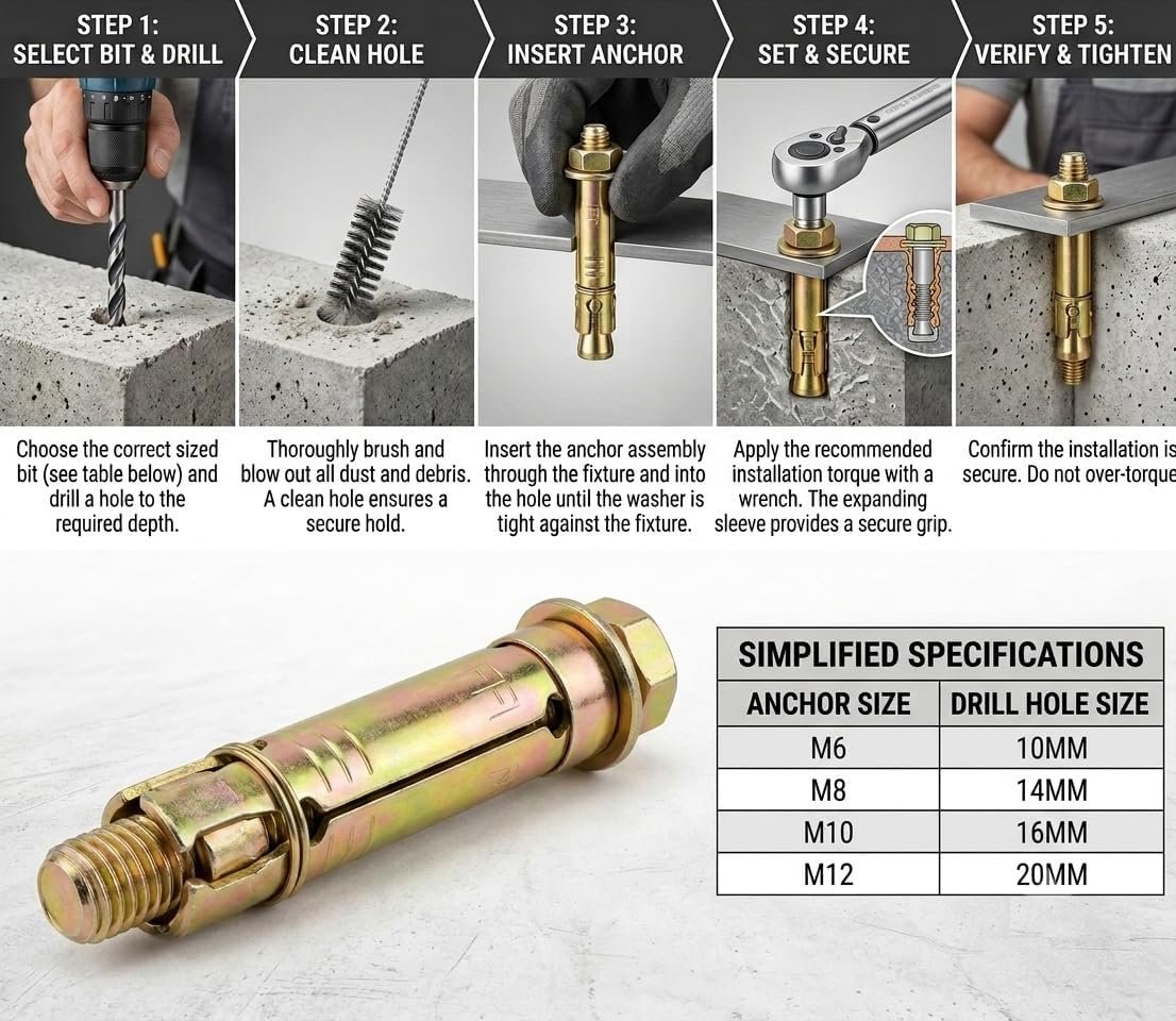 Royal Apex 5 Pcs Fix bolt Anchor Bolt Set for Concrete and Masonry | Heavy Duty Expansion Sleeve Anchor Fastener with Nut and Washer - Image 2
