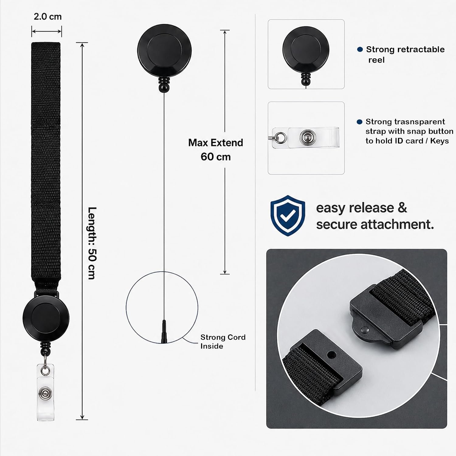 Biella Retractable Badge Reel Lanyard with Breakaway Safety Buckle | Heavy-Duty Nylon Neck Strap | 60 cm Extendable Reel | ID Card and Key Holder Attachment | Without Tag Holder - Image 2