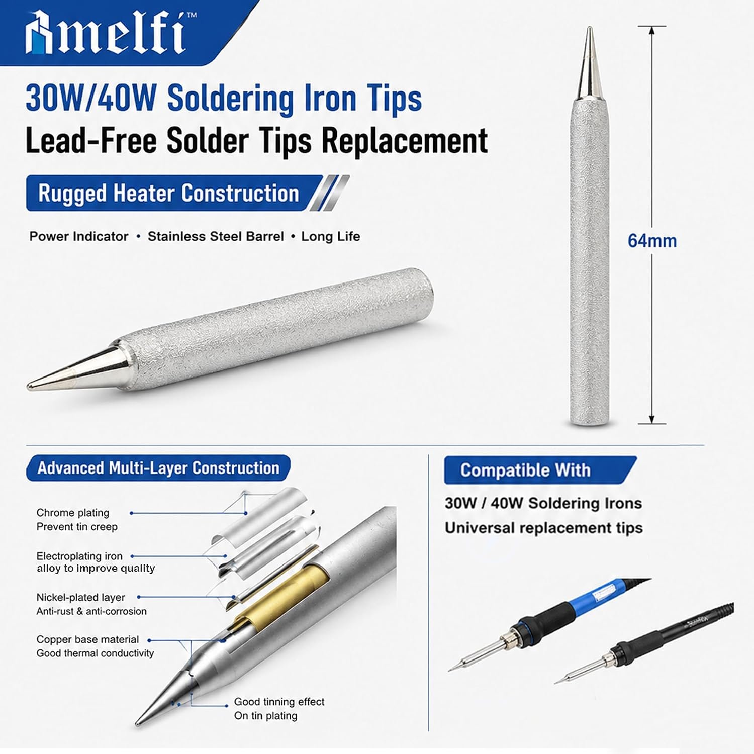 Melfi Soldering Iron Replacement Tips | Lead-Free Solder Tips Replacement | Universal Iron Tip for 30W and 40W Soldering Irons Durable Stainless Steel Barrel | Fast Heating Replacement Tip - Image 3