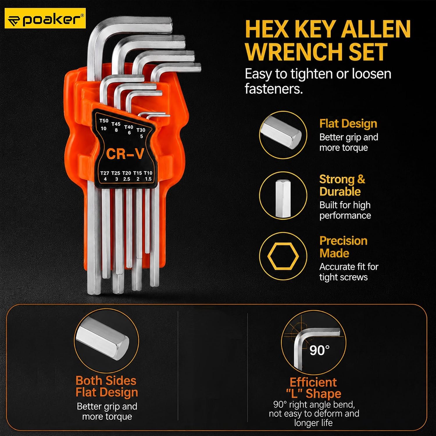 Poaker 9-Piece Allen Wrench Set, Metric Hex Key Set (1.5mm–10mm), Chrome Vanadium Steel (CR-V), L-Shaped Hex Allen Keys, Rust Resistant, High Torque Hand Tool Set for Bicycle, Furniture and Automotive - Image 5