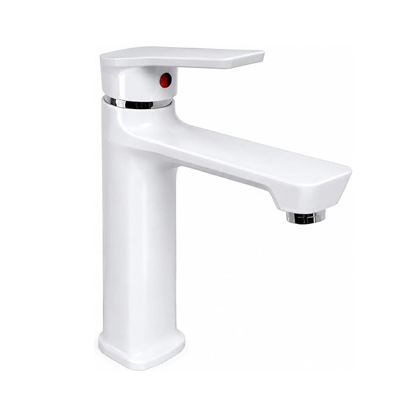 Biella White Bathroom Basin Mixer Tap Single Lever Hot and Cold Wash Basin Faucet Brass Vanity Sink Mixer with Glossy White Finish