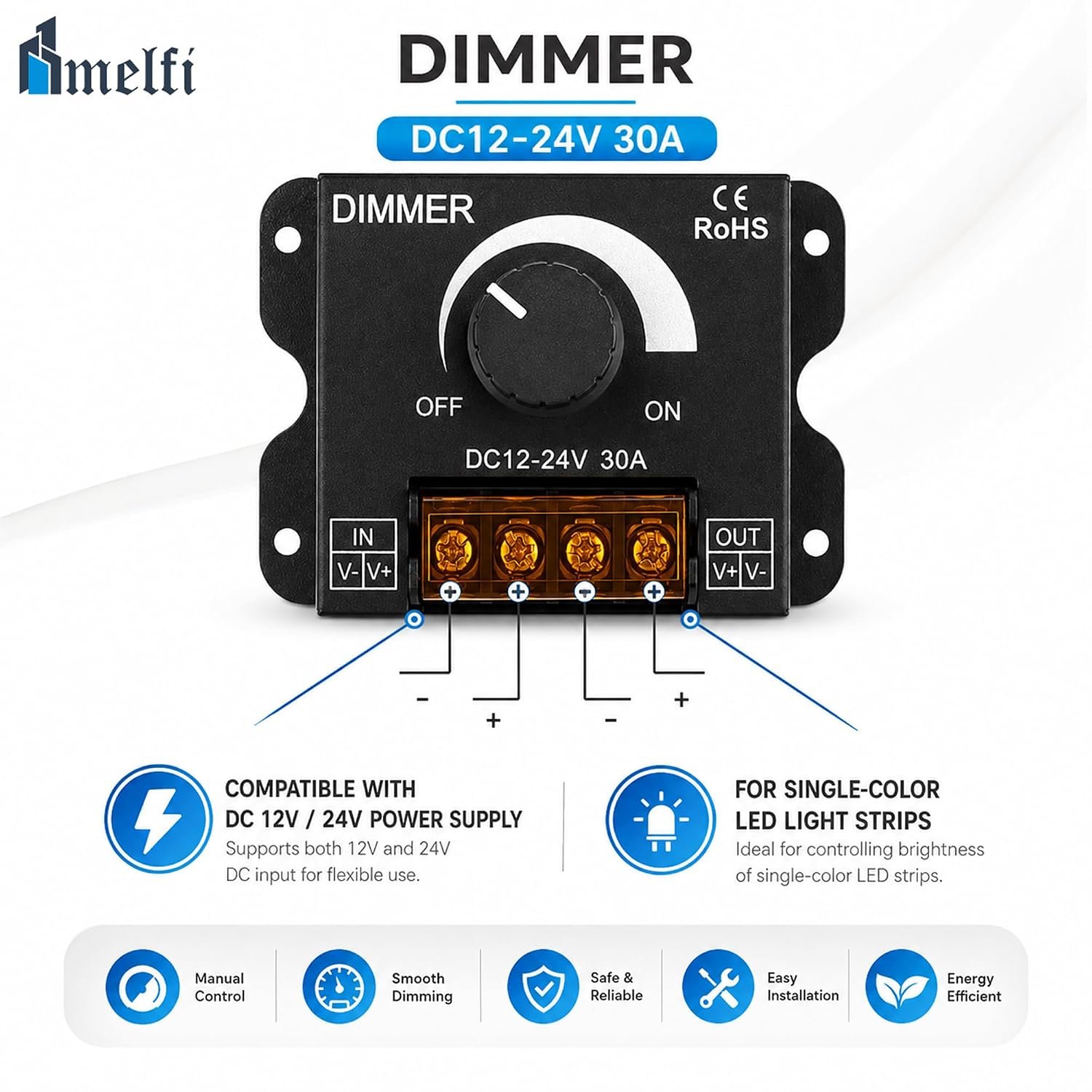 Melfi DC 12V-24V 30A LED Light Strip Dimmer, PWM Controller with ON/Off Knob, Aluminum Housing for 5050/3528 LED Strips – Smooth Brightness Adjustment - Image 3