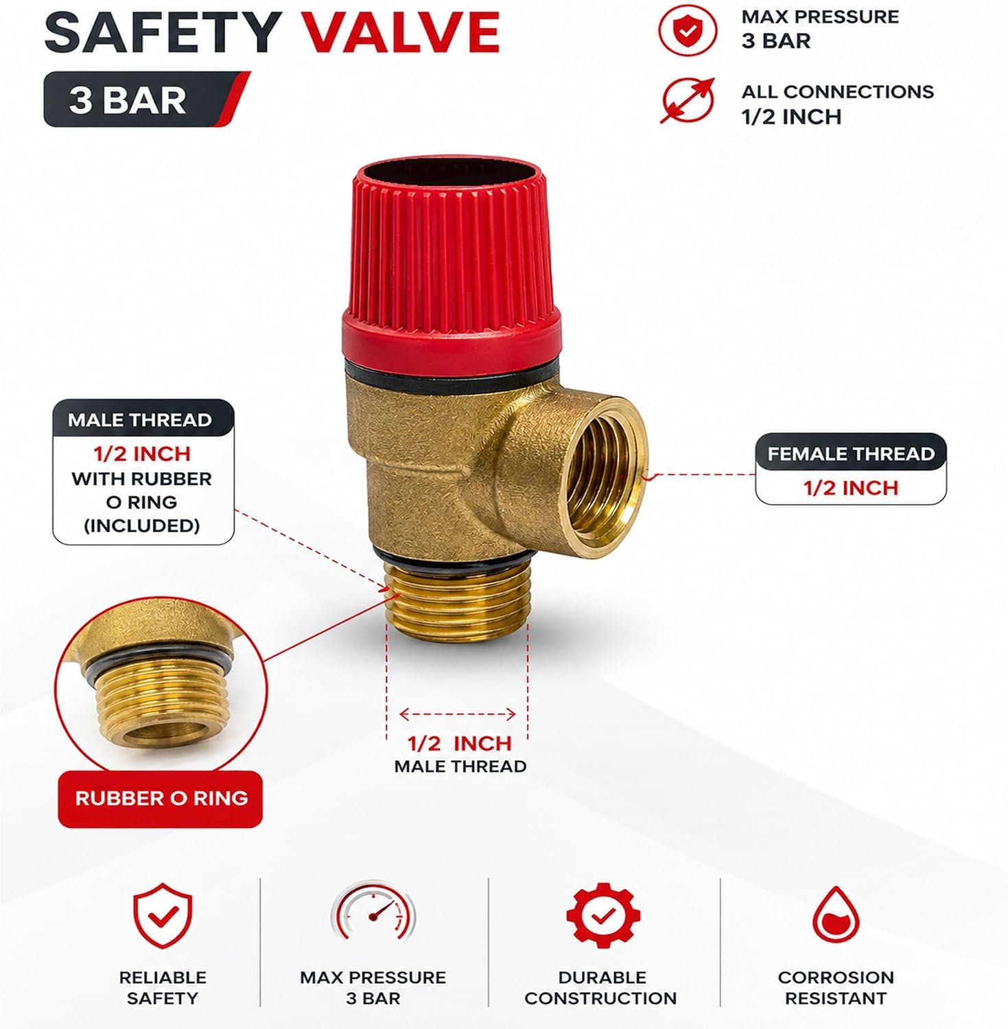 Biella Brass Safety Drain Relief Valve 3 Bar 1/2" – Heavy-Duty Pressure Release Valve for Plumbing, Solar Water Heaters & Chiller Water Systems - Image 2