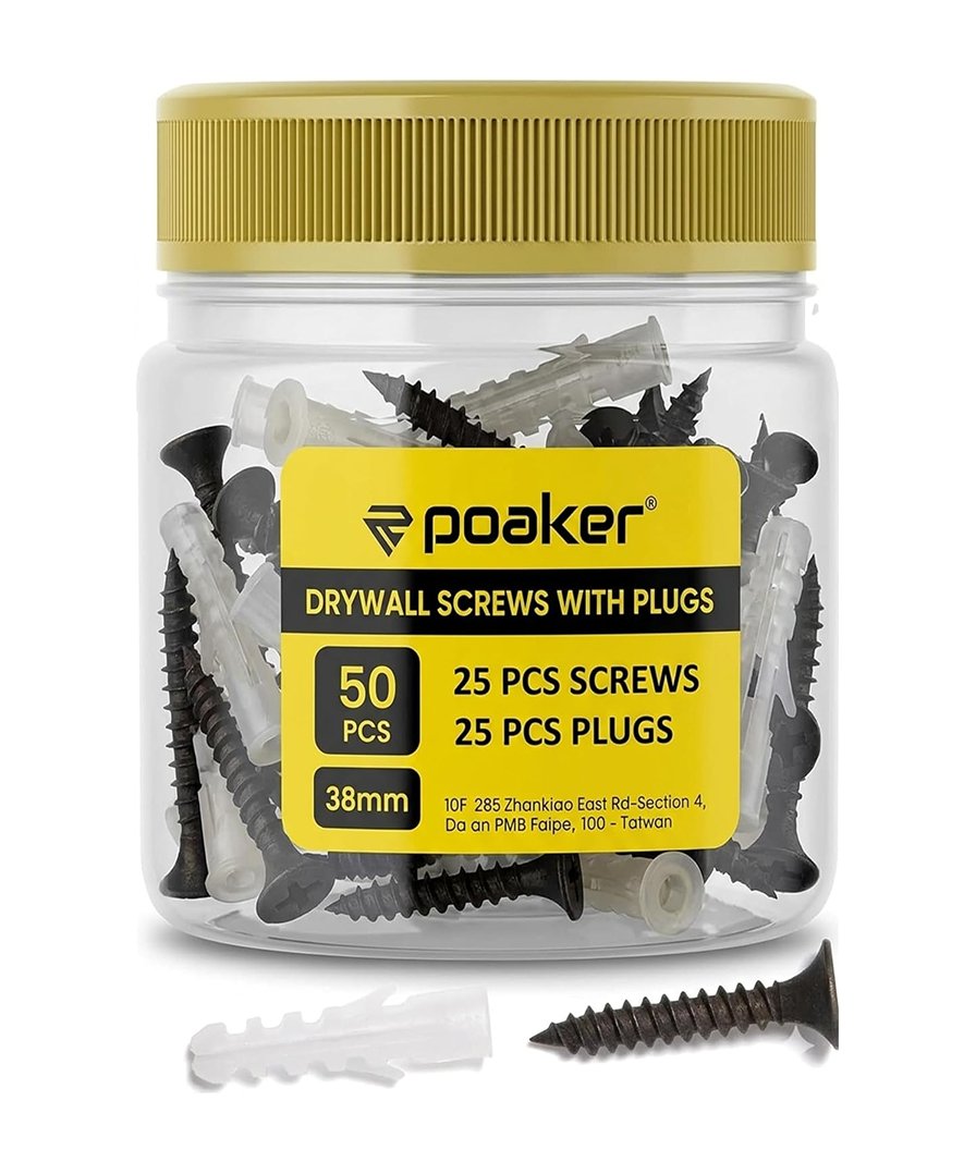 Royal Apex 25 Pairs 38mm Black Drywall Screws with Fischer Plugs – Heavy-Duty Wall Fixing Kit for Plasterboard, Brick and Concrete Mounting
