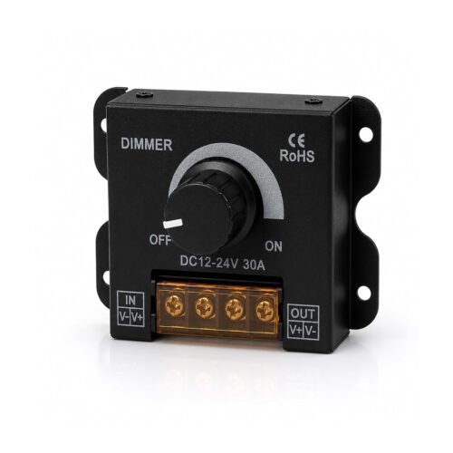 Melfi DC 12V-24V 30A LED Light Strip Dimmer, PWM Controller with ON/Off Knob, Aluminum Housing for 5050/3528 LED Strips – Smooth Brightness Adjustment
