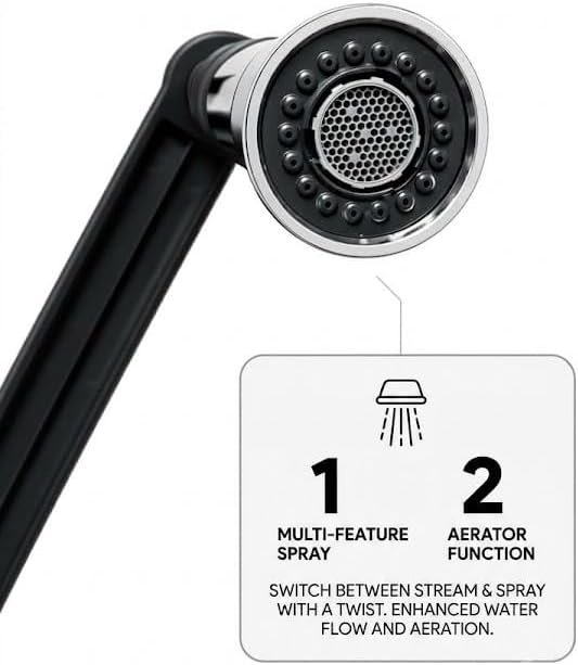 Biella™ ABS Pull Out Sink Mixer Tap, Matte Black Kitchen Faucet with Flexible Neck and Holder, Hot and Cold Water Mixer, Deck-Mounted Kitchen Sink Tap - Image 8