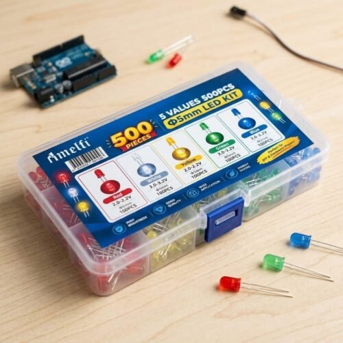 Melfi 500Pcs 5mm LED Diode Lights Kit, 100Pcs Each Red Yellow Green Blue White, 520–525nm Green LED, 5000–6000 MCD, 3–3.2V, 20mA, 2-Pin DIP LEDs for Arduino, PCB, DIY, STEM and Electronics Projects