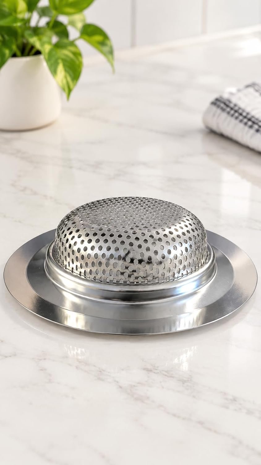 Biella™ Stainless Steel Kitchen Sink Strainer – 115mm Wide Rim Drain Basket with Perforated Filter, 2.5cm Deep Food Waste Catcher, Silver - Image 4