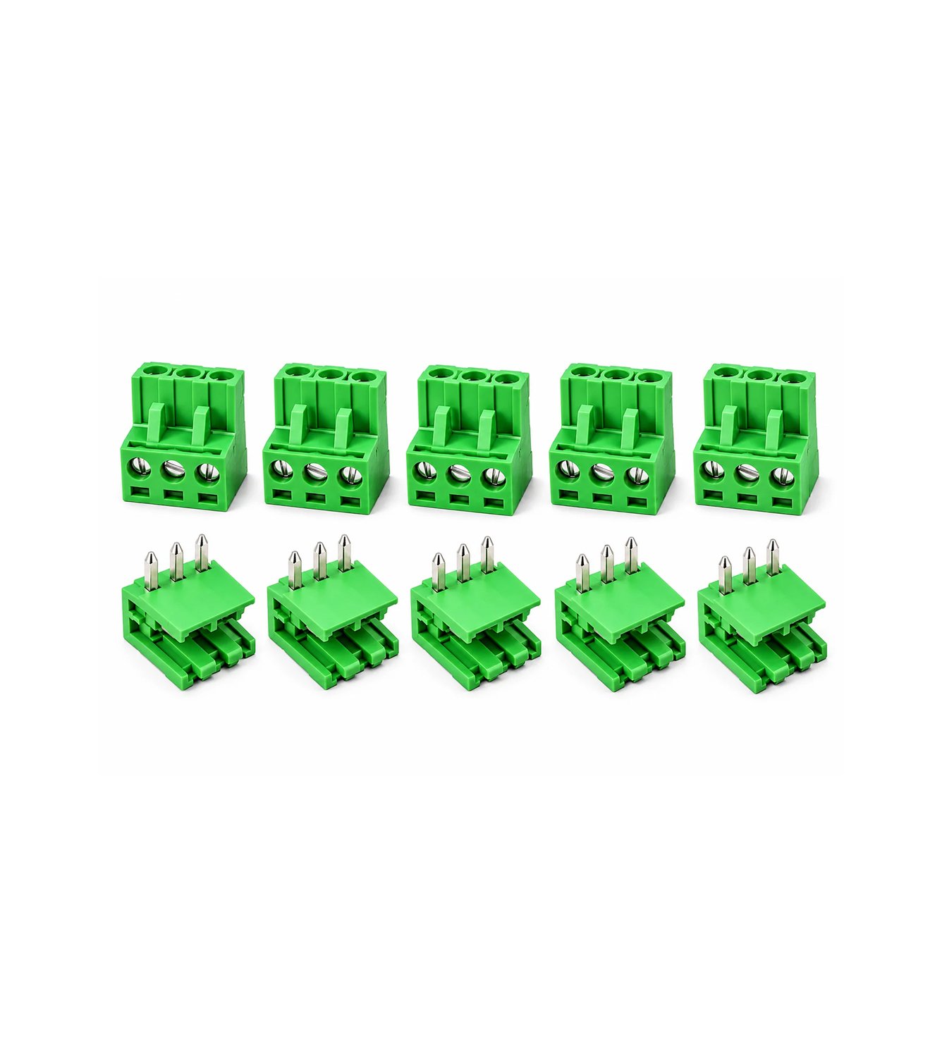 Melfi™ Phoenix Type Pluggable Terminal Block Connector, 2.5mm Pitch, 5 Male and 5 Female, Screw Terminal for PCB and Electronic Connections, Green, Straight Pin