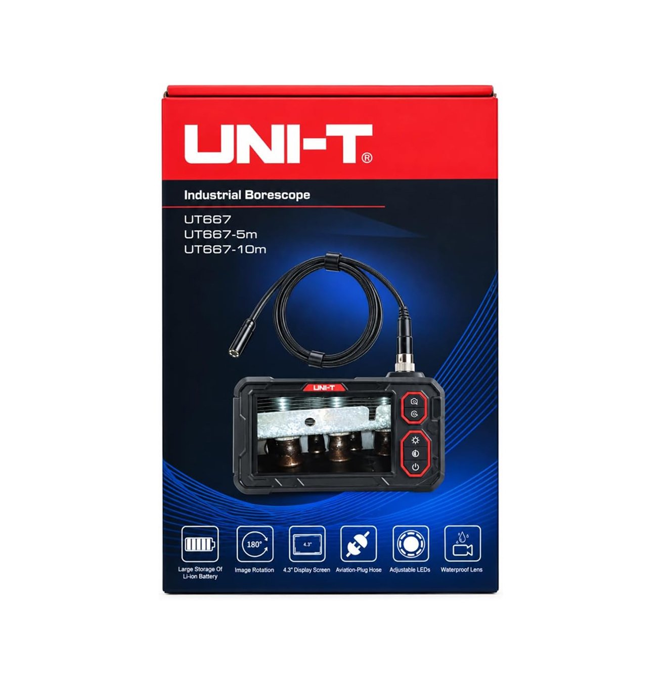 UNI-T UT667-5M Industrial Endoscope Inspection Camera, 5M Rigid Interchangeable Probe, 4.3" 1280x720 Display, 8mm IP67 Camera Head, 8 LED Lights, Automotive, Plumbing, HVAC and Maintenance Borescope
