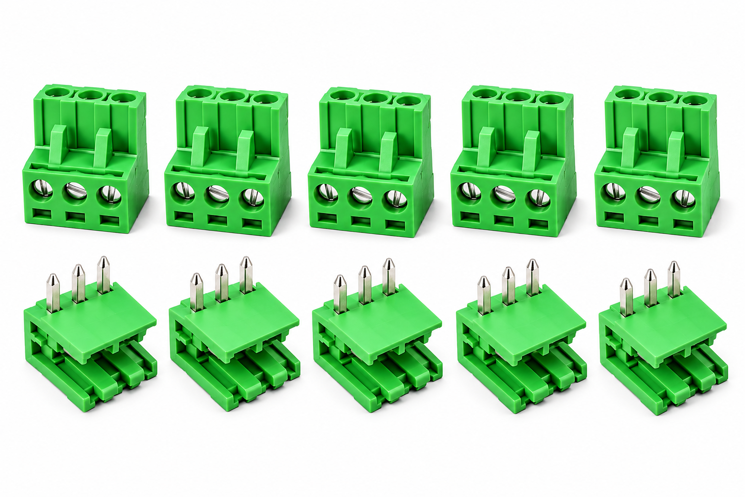 Melfi™ Phoenix Type Pluggable Terminal Block Connector, 2.5mm Pitch, 5 Male and 5 Female, Screw Terminal for PCB and Electronic Connections, Green, Straight Pin
